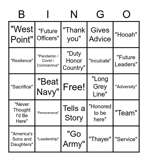 Thayer Dinner Bingo Card