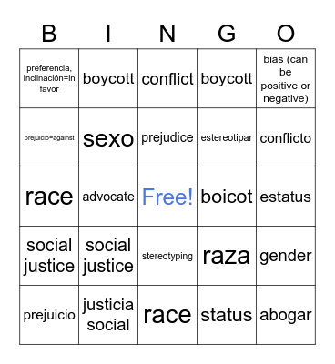 Social Justice vocabulary Bingo Card