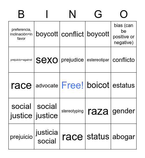 Social Justice vocabulary Bingo Card