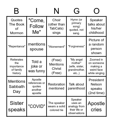 General Conference October 2020 Bingo Card