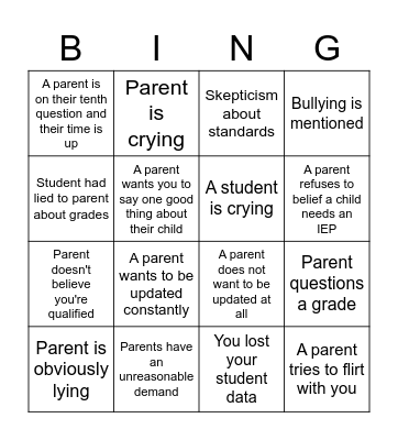 Parent Teacher Conference Bingo Card