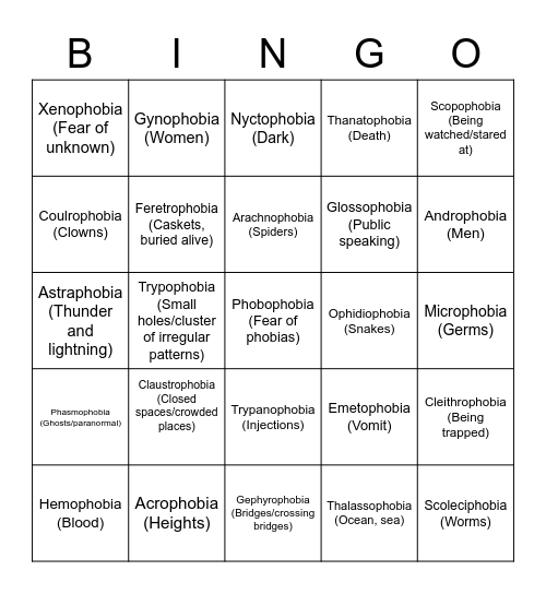 Phobias Bingo Card