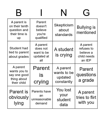 Parent Teacher Conference Bingo Card