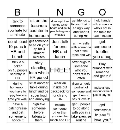 Table Bingo  Bingo Card