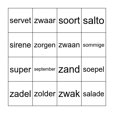 Woorden met s/z Bingo Card