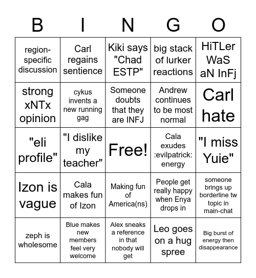 INFJ Discord Bingo Card