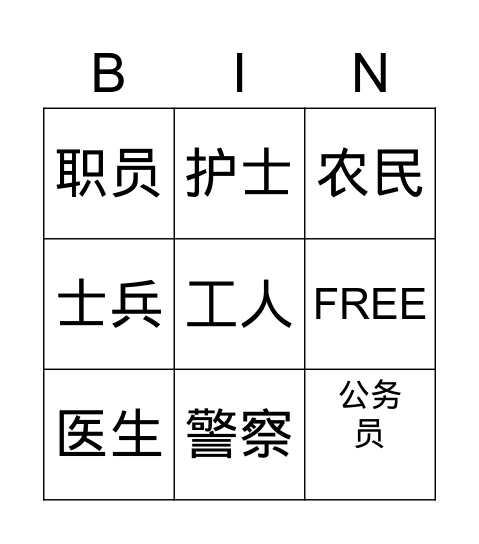 职业 Bingo Card