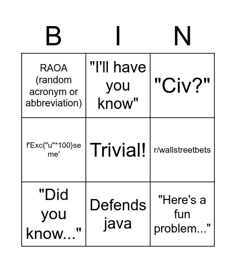 Justingo Bingo Card
