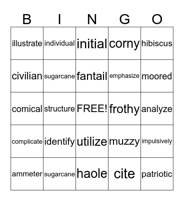 Vocabulary Words Bingo Card