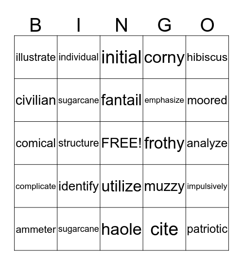 Vocabulary Words Bingo Card