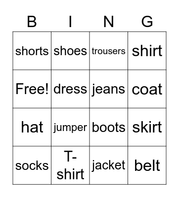 Clothes Bingo Card