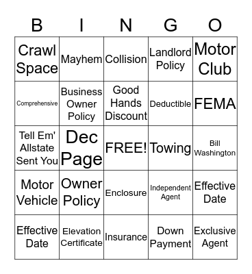 Allstate Bingo Card