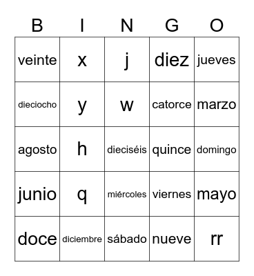 Months, days, numbers, letters Bingo Card