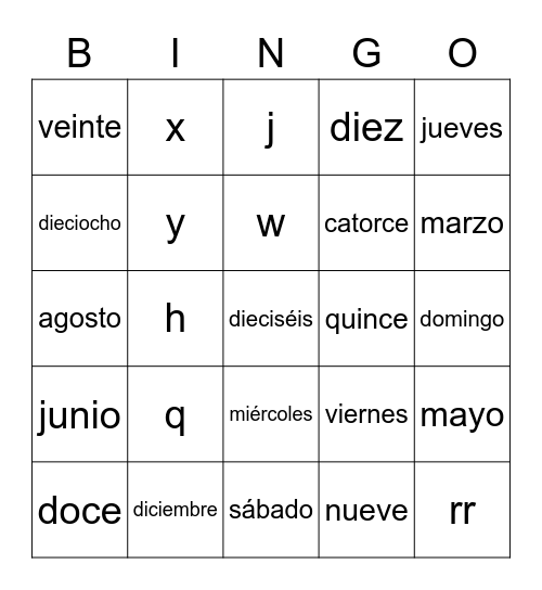 Months, days, numbers, letters Bingo Card
