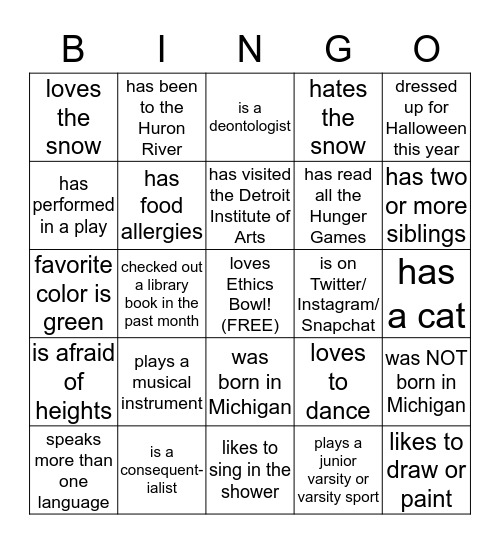 Michigan High School Ethics Bowl Bingo Card