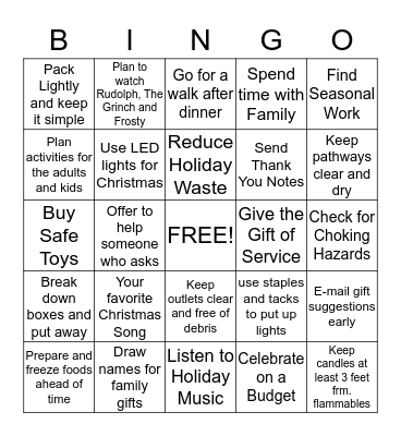 Thankfulness and Holiday Safety Bingo Card