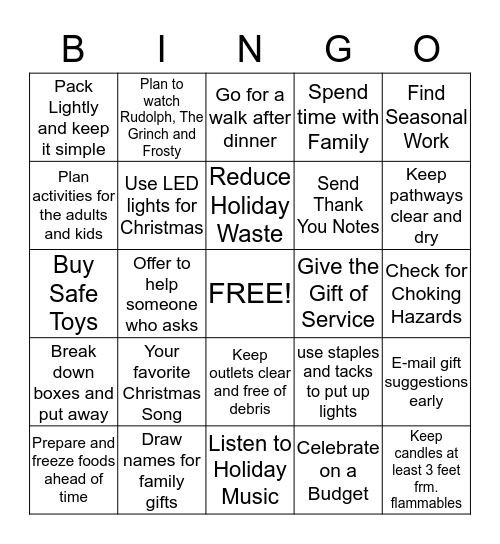 Thankfulness and Holiday Safety Bingo Card