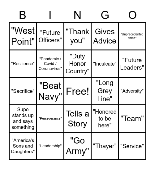 Thayer Dinner Bingo Card