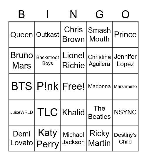 Popstars Bingo Card