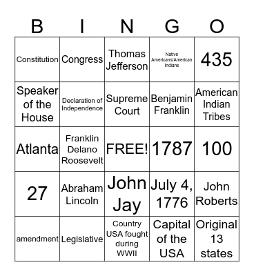 American Civics Bingo Card