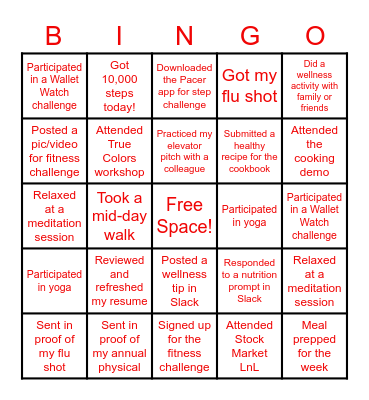 NFLPA Wellness Month BINGO Card