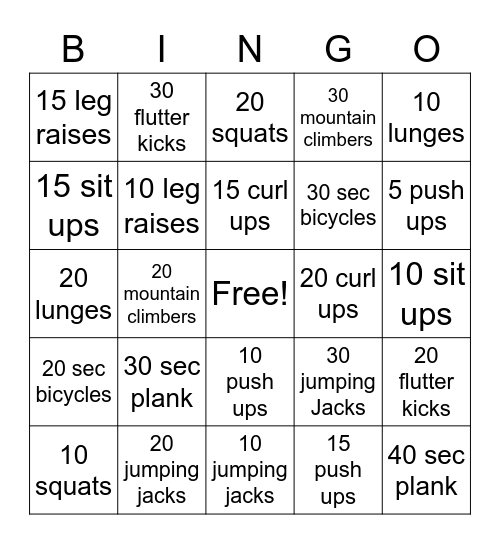 PE Bingo 2 Bingo Card