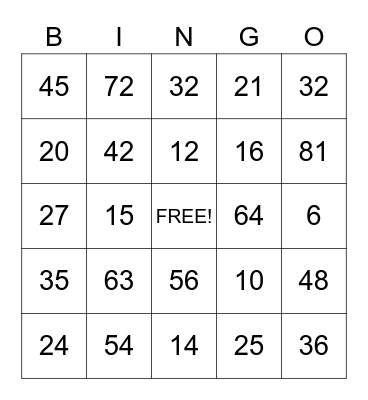 Multiplication Facts Bingo Card