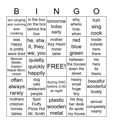 Parts of Speech BINGO Card