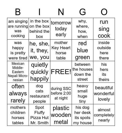 Parts of Speech BINGO Card