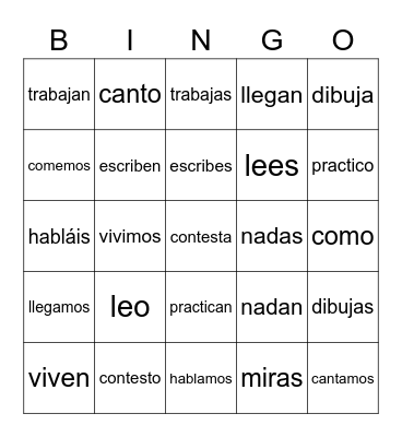 Present Tense Regular Verbs Bingo Card