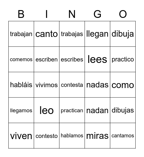 Present Tense Regular Verbs Bingo Card
