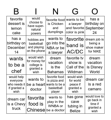 Classmate Bingo Card