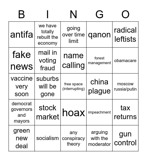 presidential debate 2020 Bingo Card