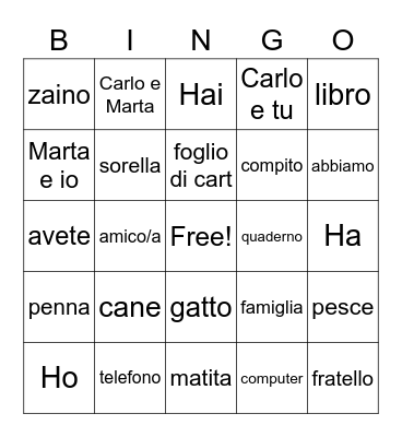Avere & Avere vocab Bingo Card