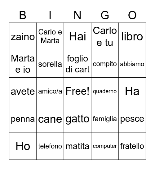 Avere & Avere vocab Bingo Card