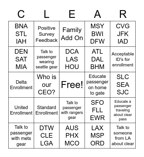Clear Bingo Card