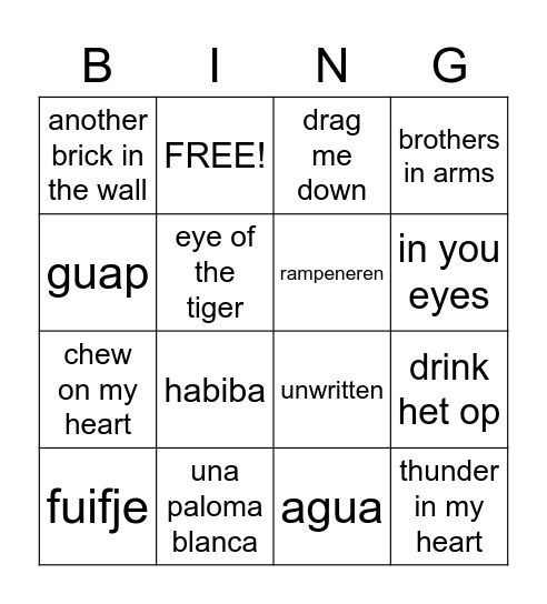 Muziek Bingo Card