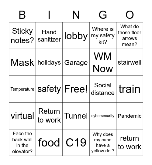 Return to Work Bingo Card