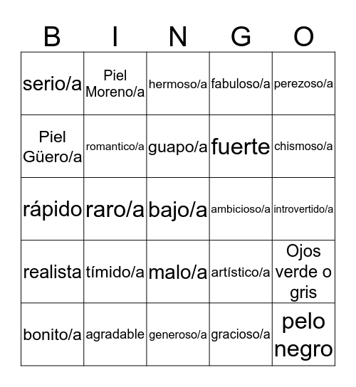 Adjetivos Bingo Card