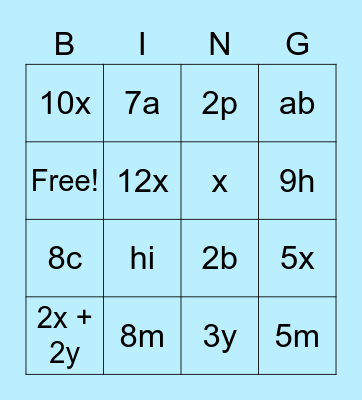 Simplifying algebra Bingo Card