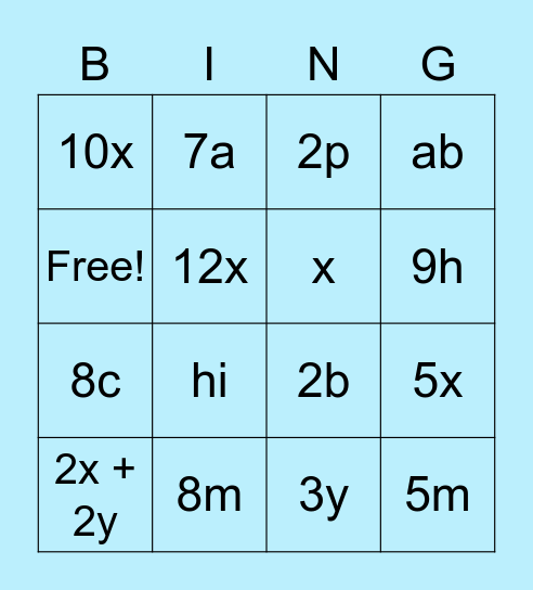 Simplifying algebra Bingo Card