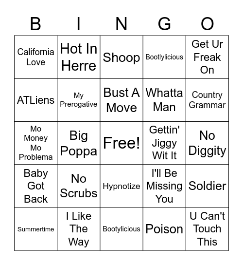 90s Hip Hop Bingo Card