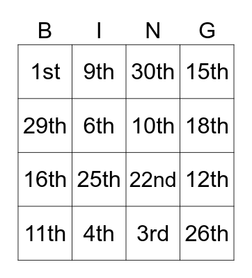 Ordinal Number BINGO Card