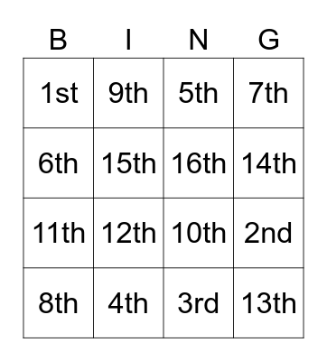 Ordinal Number BINGO Card