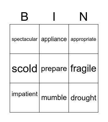 Vocabulary Bingo Card