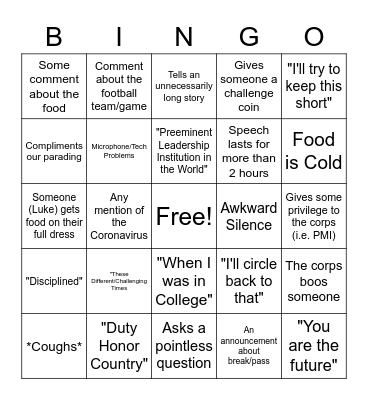 2020 Thayer Dinner Bingo Card
