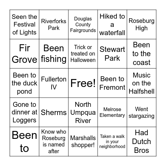 Roseburg Bingo Card