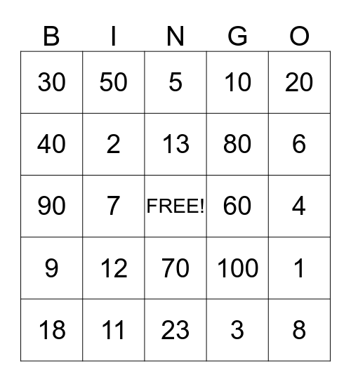 numbers Bingo Card