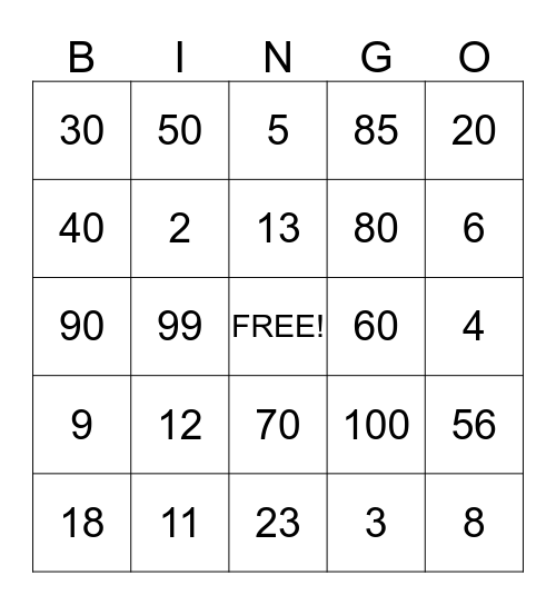 numbers Bingo Card