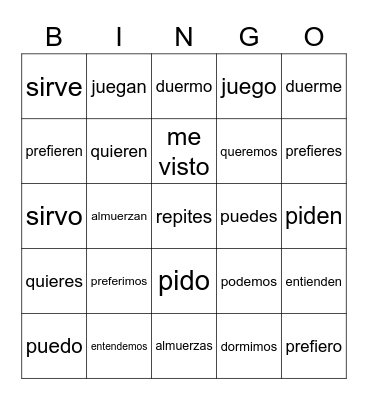 Stem-Changing Verbs Bingo Card